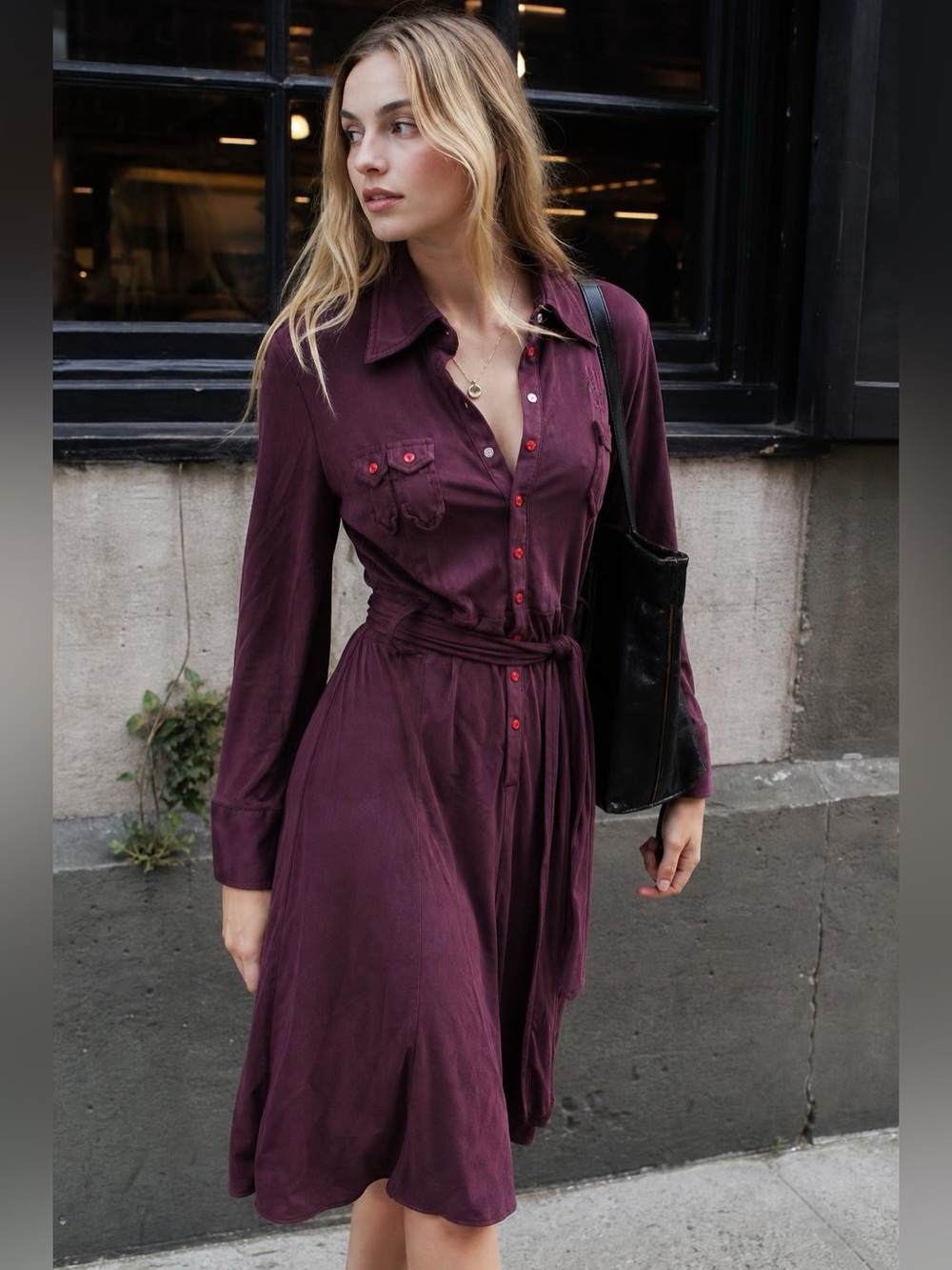 Diesel Shirt Dress Burgundy Rayon Viscose Utility Midi Dress Size M